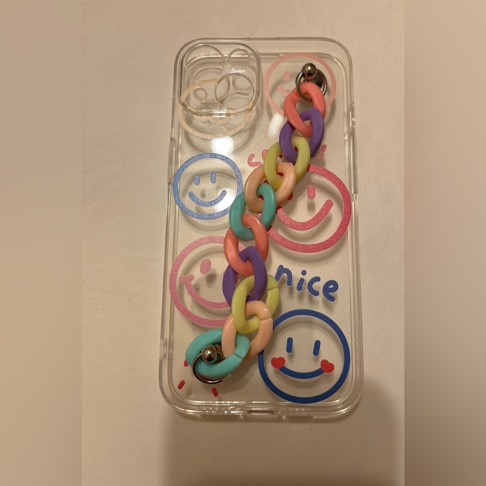 iPhone 13 Clear Colorful Happy Face Designed Handheld Chain Strapped Phone Case - Picture 5 of 5